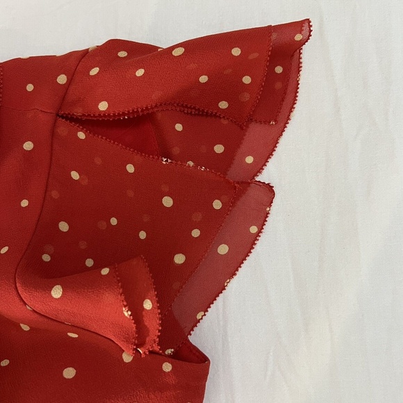 Cynthia Howie Womens 4 Blouse Red white polka dots petal sleeve Lined 100% Silk - Picture 6 of 11